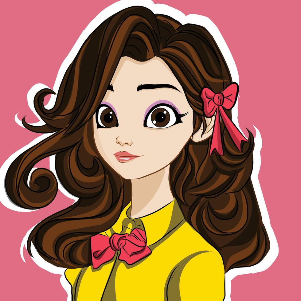 une dessin animé fille avec longue marron cheveux et une arc attacher vecteur