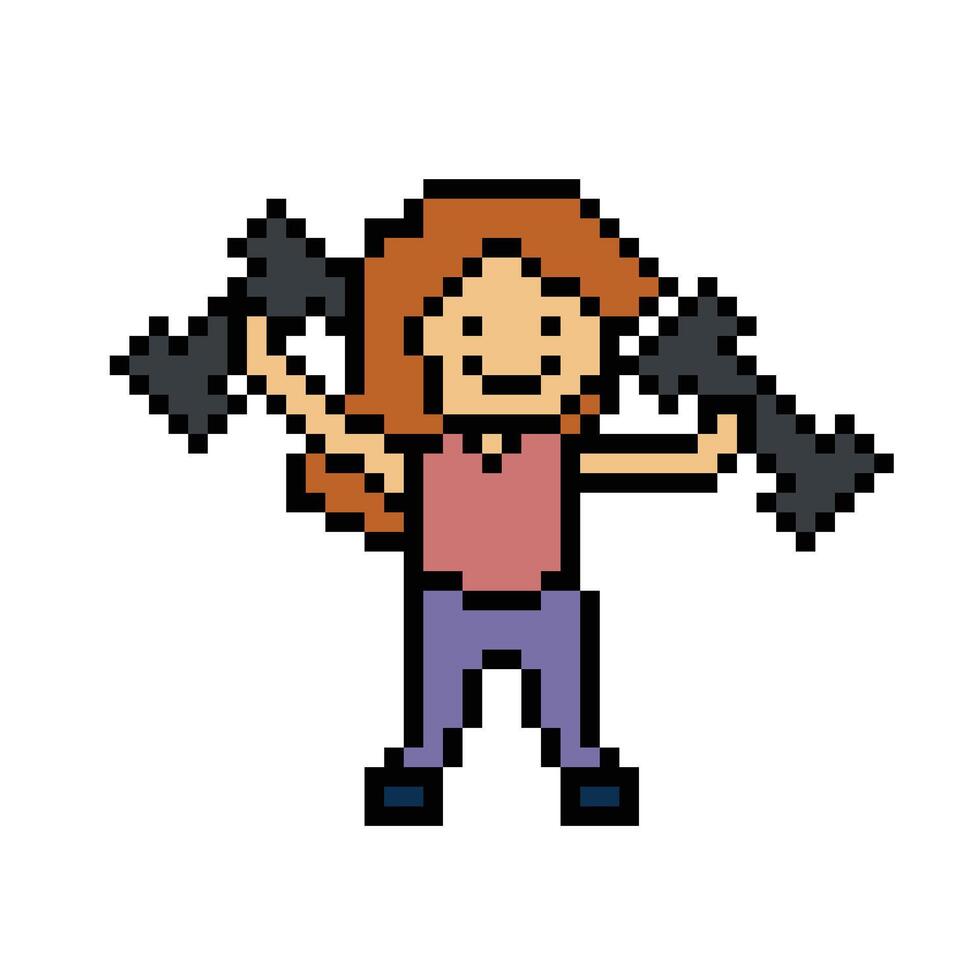 mignonne pixel dessin animé 8 bits personnage femme poids formation avec haltère mode de vie vecteur pour décoration la vie style 8 bit femelle fille Jeu exercice Gym aptitude corps bâtiment vecteur.