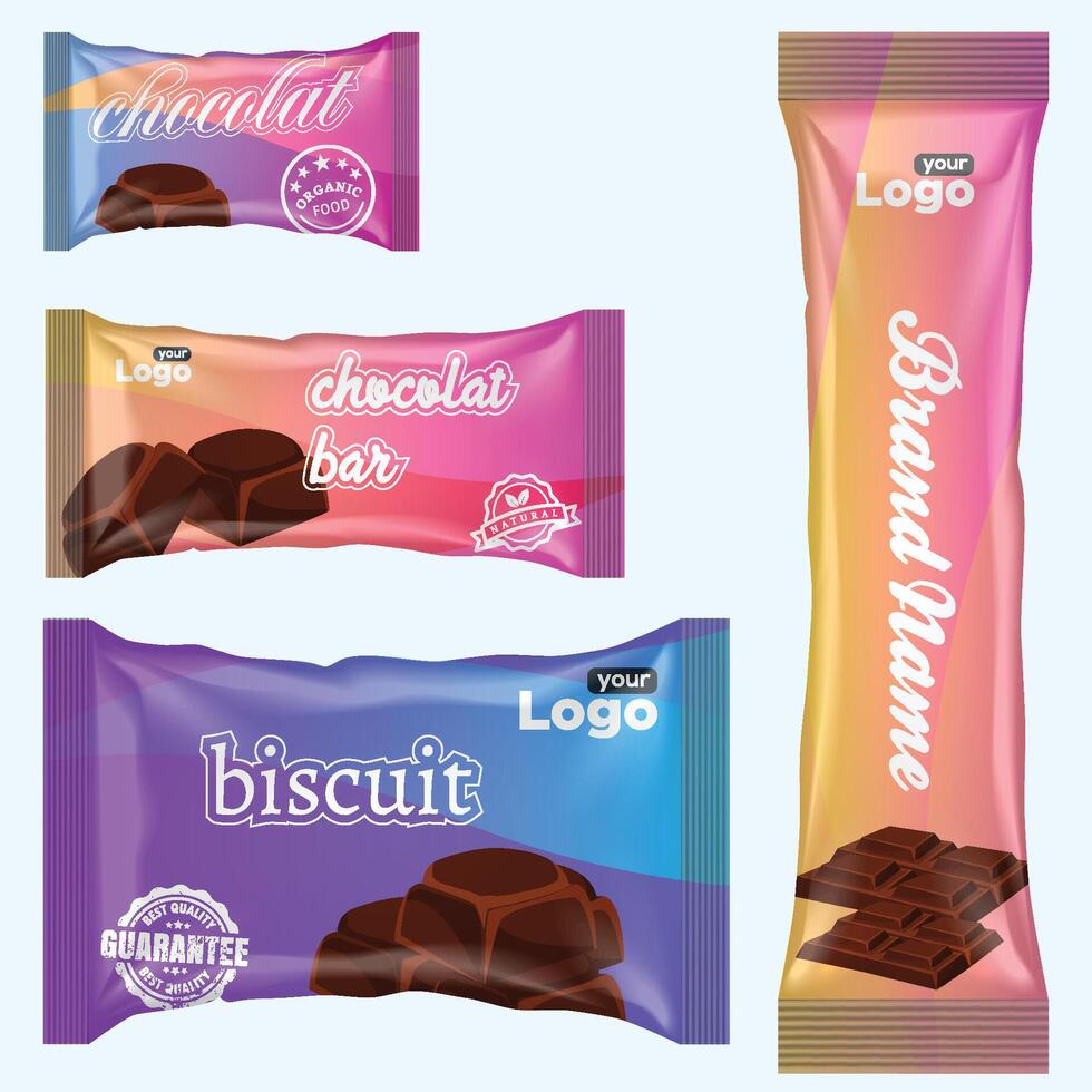 couler pack et Chocolat bar. blanc casse-croûte paquet modèle pour biscuits, biscuit, tranche. Vide Chocolat bar maquette par déjouer couler pack sur transparent dos. vecteur