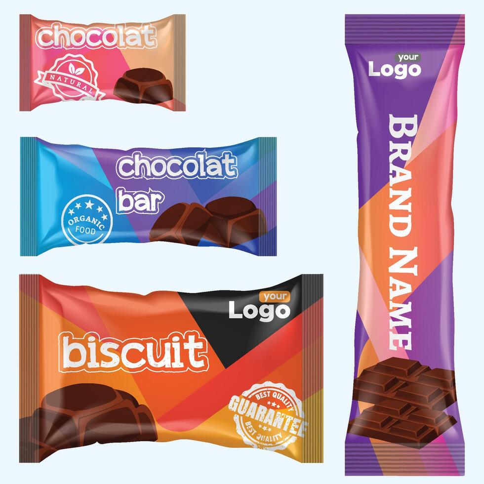 couler pack et Chocolat bar. blanc casse-croûte paquet modèle pour biscuits, biscuit, tranche. Vide Chocolat bar maquette par déjouer couler pack sur transparent dos. vecteur