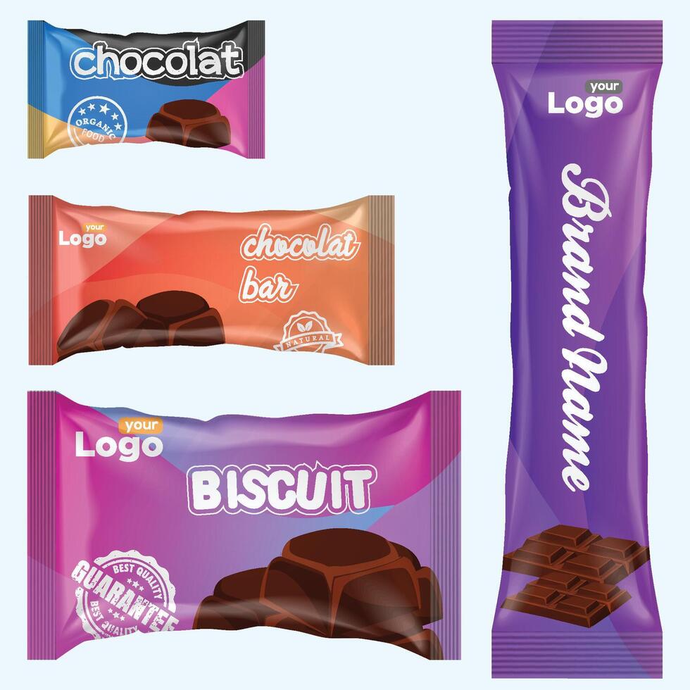 couler pack et Chocolat bar. blanc casse-croûte paquet modèle pour biscuits, biscuit, tranche. Vide Chocolat bar maquette par déjouer couler pack sur transparent dos. vecteur