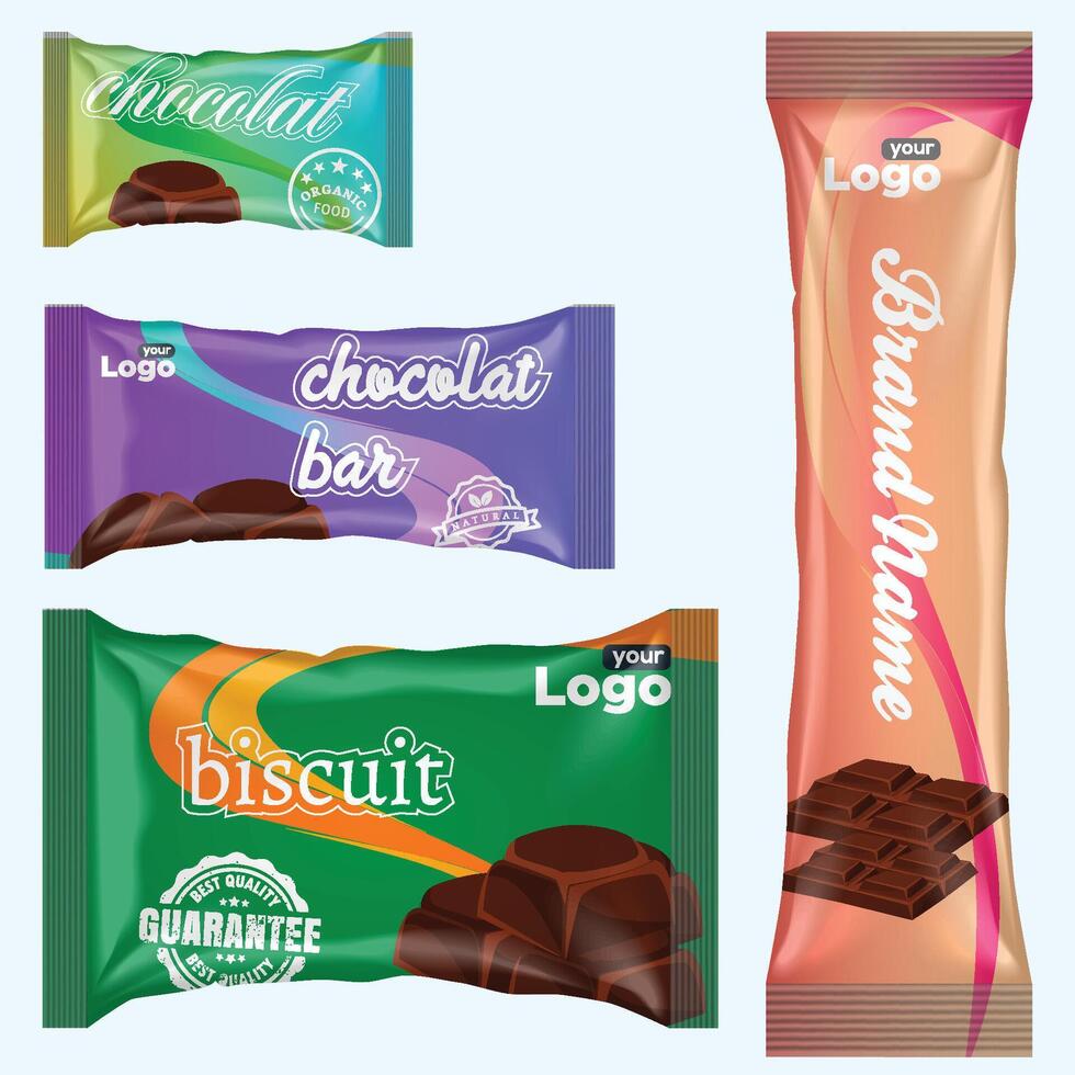 couler pack et Chocolat bar. blanc casse-croûte paquet modèle pour biscuits, biscuit, tranche. Vide Chocolat bar maquette par déjouer couler pack sur transparent dos. vecteur