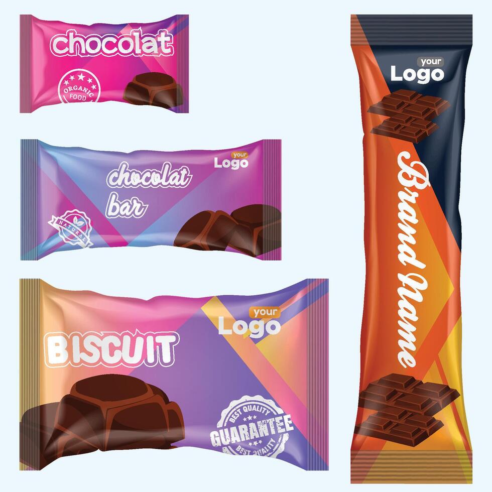 couler pack et Chocolat bar. blanc casse-croûte paquet modèle pour biscuits, biscuit, tranche. Vide Chocolat bar maquette par déjouer couler pack sur transparent dos. vecteur