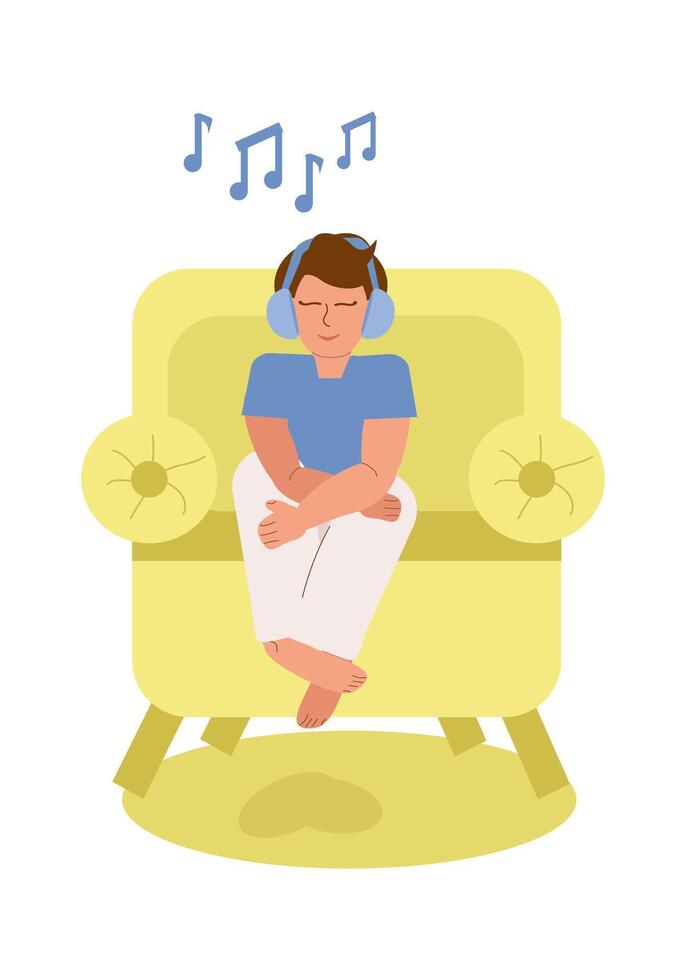 une garçon avec autisme avec le sien yeux fermé est assis dans une doux chaise, sourit et écoute à la musique sur écouteurs seule. relaxation, méditation, art thérapie, enfance autisme. vecteur Couleur illustration
