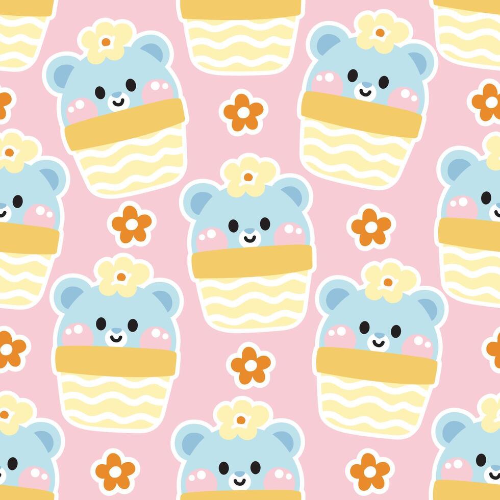 sans couture modèle de mignonne nounours ours dans pot avec fleur sur rose arrière-plan.wild animal personnage dessin animé design.baby vêtements.kawaii.vector.illustration. vecteur