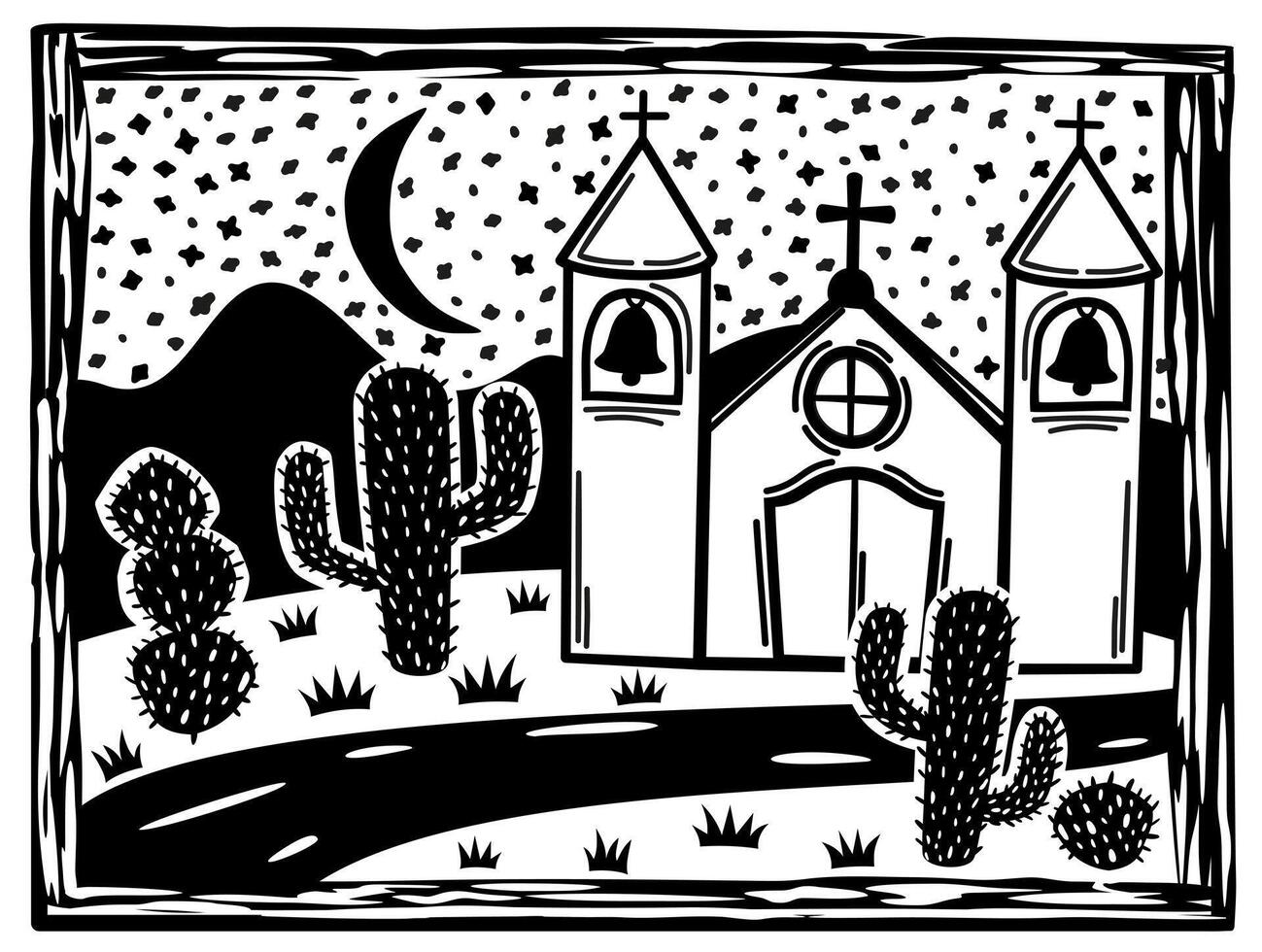 brésilien cordon style. paysage avec église. gravure sur bois style vecteur