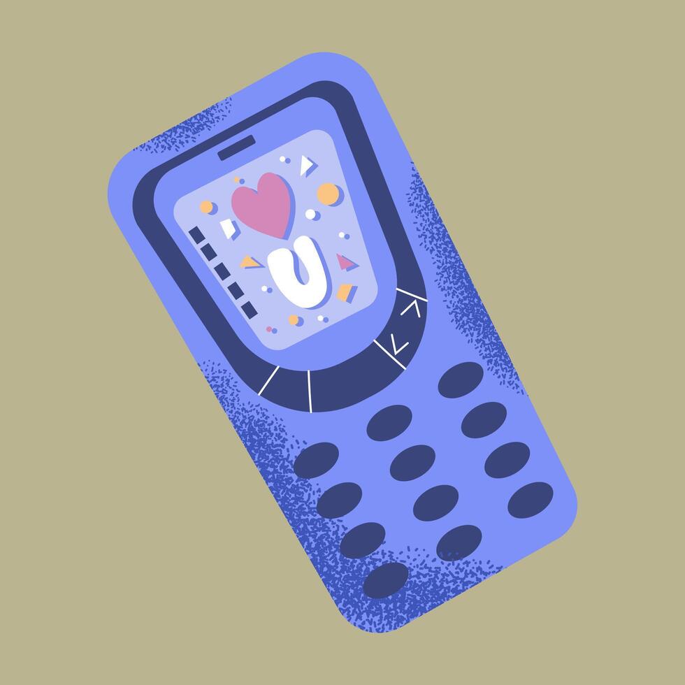 rétro mobile téléphone avec l'amour message. main tiré vecteur conception avec texture