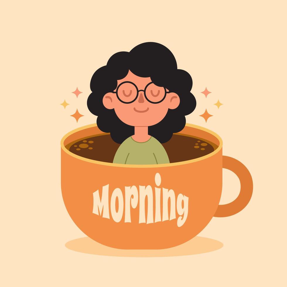 détendu femme dessin animé dans café tasse, parfait pour de bonne humeur sur le thème du matin dessins et petit déjeuner promotions. vecteur