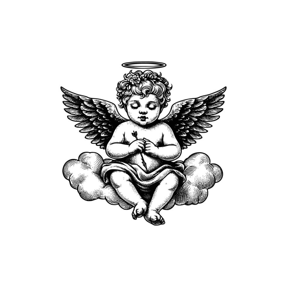 main tiré bébé ange vecteur illustration. noir et blanc Cupidon ange isolé blanc Contexte