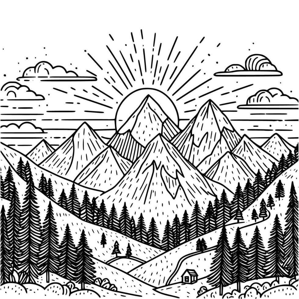 main tiré Montagne et arbre coloration livre illustration. noir et blanc Montagne contour illustration vecteur
