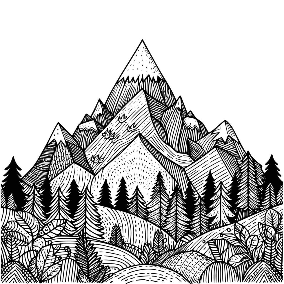 main tiré Montagne et arbre coloration livre illustration. noir et blanc Montagne contour illustration vecteur