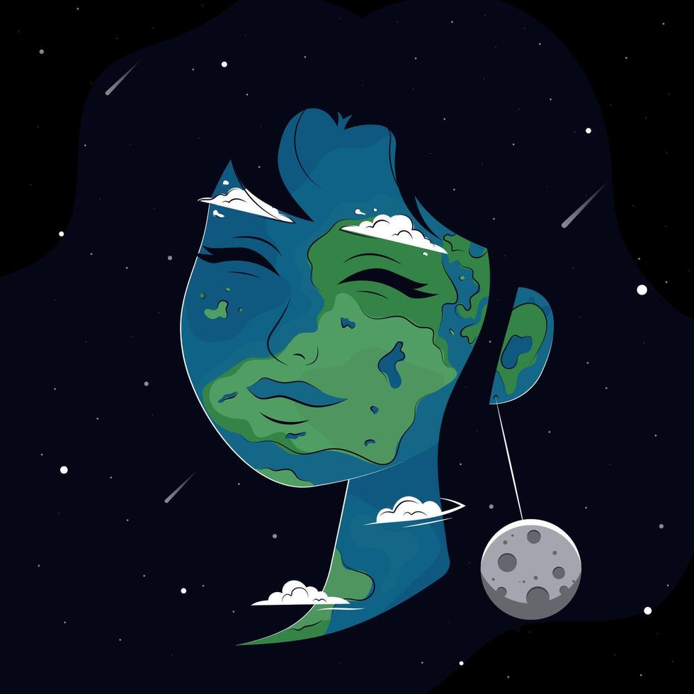 Terre fille avec une lune boucle d'oreille et galaxie cheveux. vecteur illustration pour Terre journée. monde environnement journée.