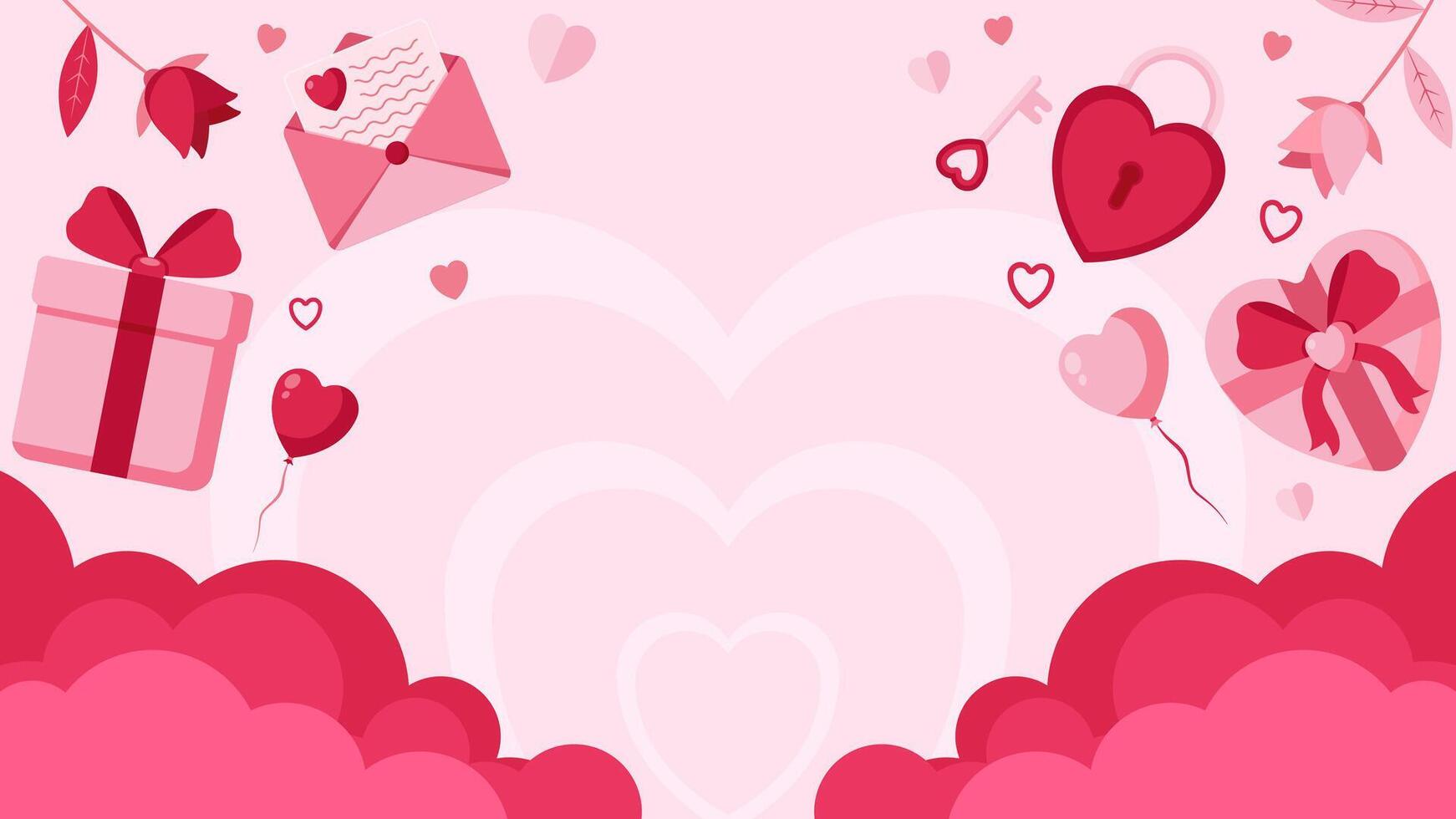 romantique vecteur illustration bannière ou affiche en utilisant rose et rouge couleurs.salutation carte avec nuage arrière-plan, en volant l'amour ballons, cadeau boîte,roses,papier coeurs, clés et une cadenas.espace pour texte.