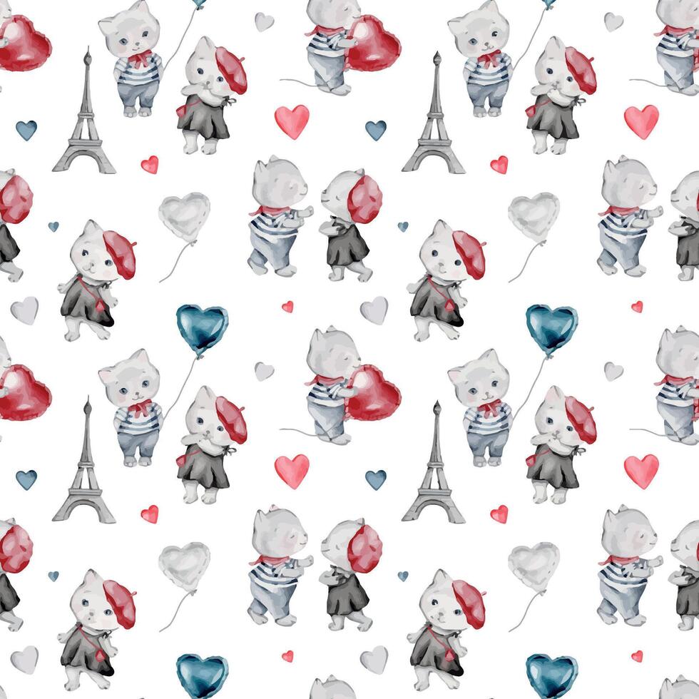 français style animaux sans couture modèle. mignonne dessin animé Parisien chat et Écossais vecteur illustration. des ballons cœurs et Eiffel la tour. français style habillé chats avec rouge béret et rayé robe.