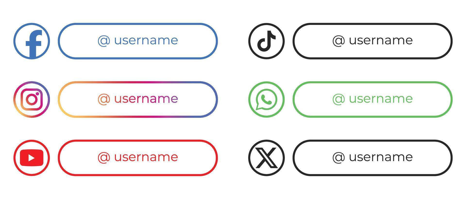 social médias inférieur troisième Icônes. vecteur Nom d'utilisateur Icônes. Facebook, Instagram, Youtube, TIC Tac, WhatsApp, X