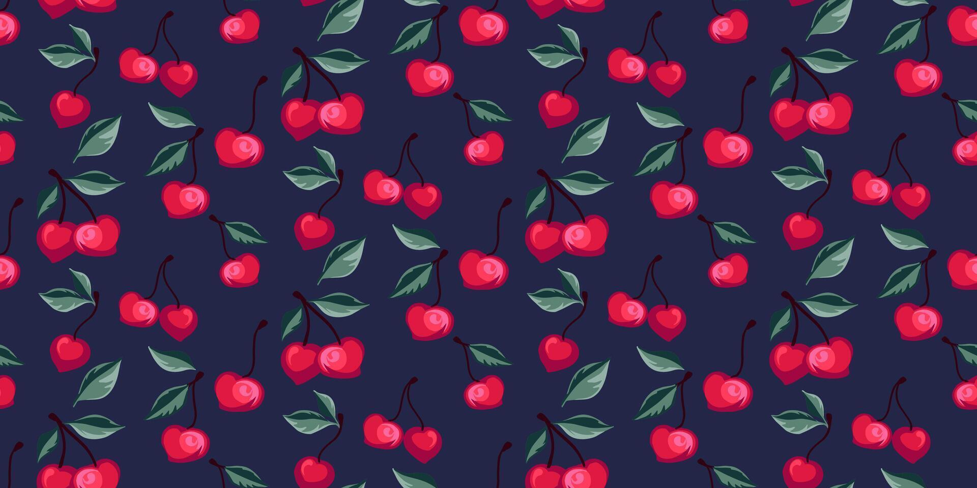 sans couture artistique stylisé cerises modèle. coloré été baies, des fruits, feuilles sur une foncé bleu Contexte. vecteur main tiré abstrait, Facile cerise. conception ornement pour tissu, textile