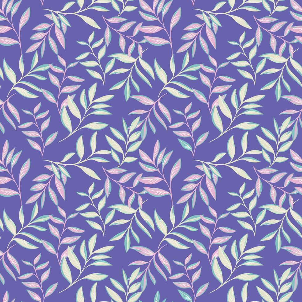 branché pastel feuilles branches sans couture modèle sur une violet Contexte. abstrait stylisé tropical floral impression. vecteur tiré illustration tiges feuille. modèle pour conception, textile, mode, impression