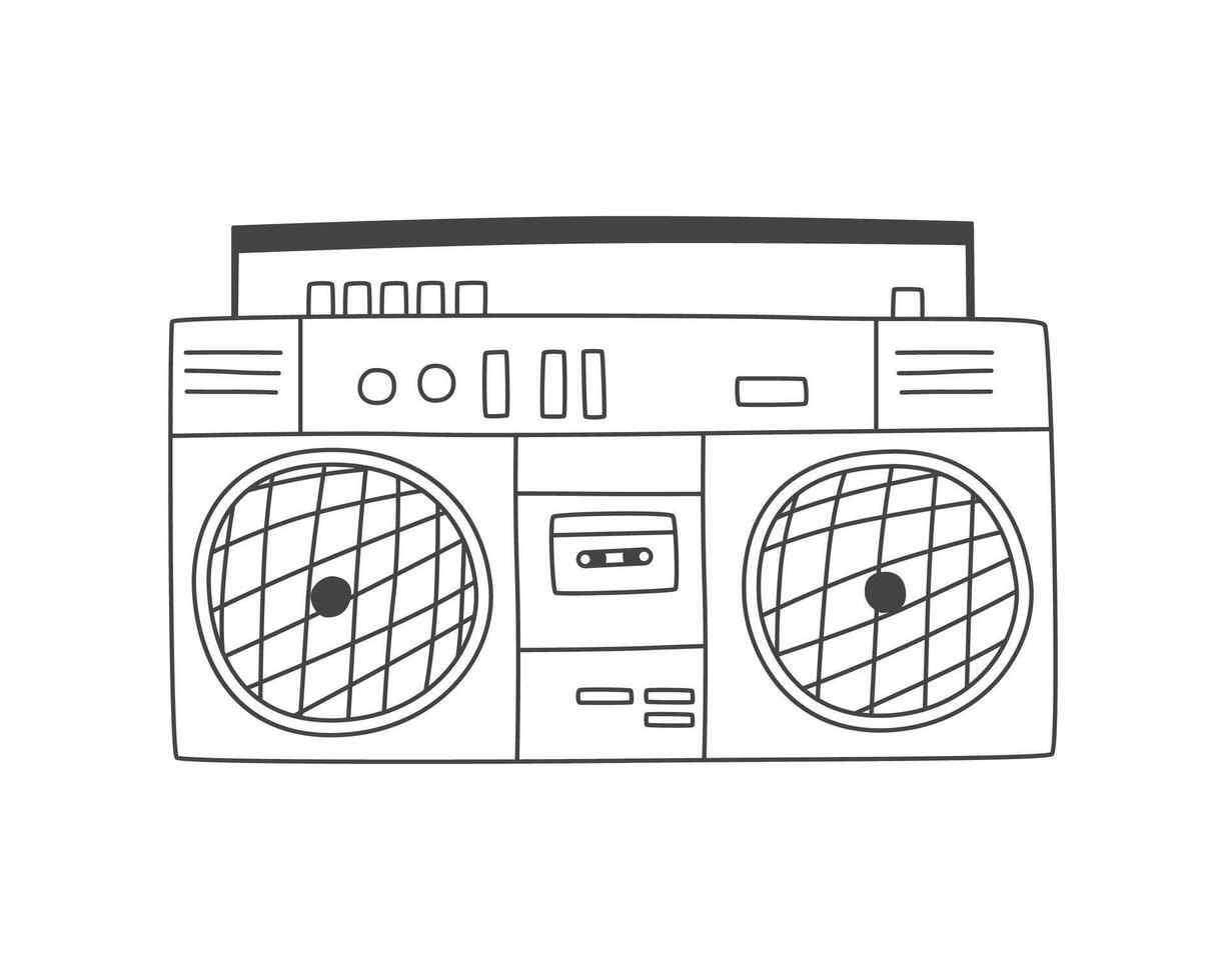 vieux façonné, boombox de années 90. dessiné à la main vecteur illustration, griffonnage style. linéaire ruban enregistreur icône.