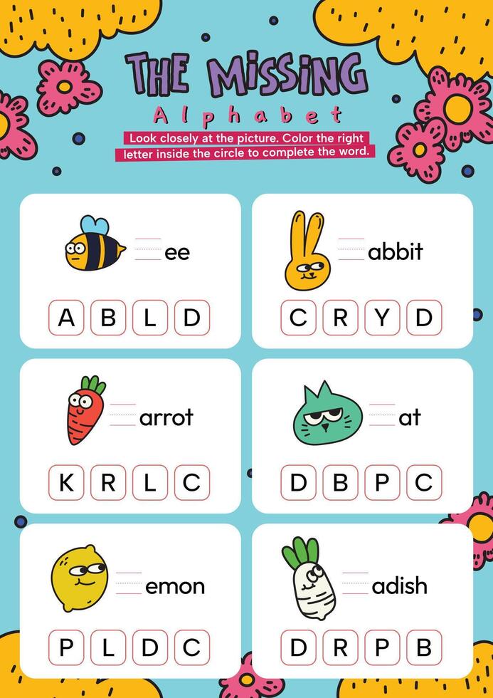 plat conception vecteur Achevée le phrase abc alphabet imprimable feuille de travail pour des gamins apprentissage activité