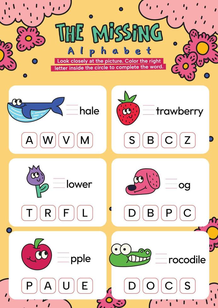 plat conception vecteur Achevée le phrase abc alphabet imprimable feuille de travail pour des gamins apprentissage activité