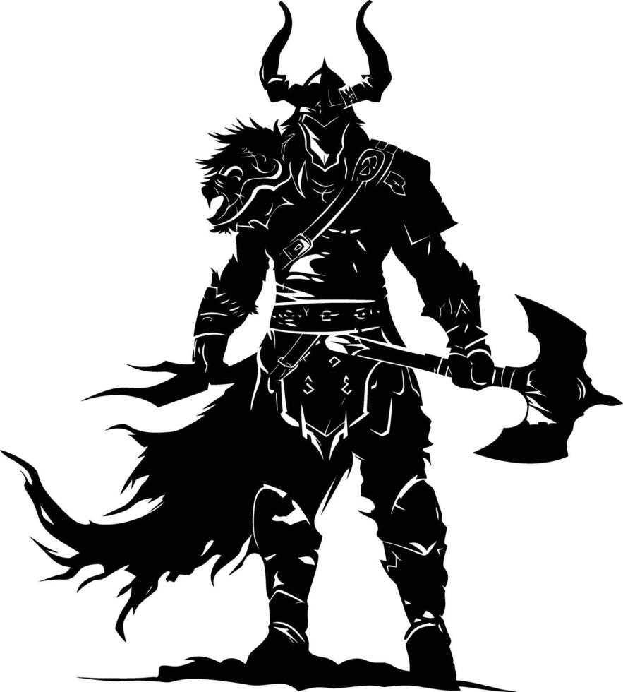 ai généré silhouette viking guerrier dans mmorpg Jeu noir Couleur seulement vecteur