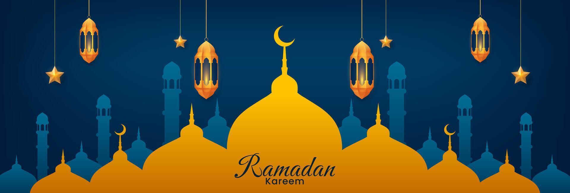 islamique Ramadan kareem Contexte conception avec or lanternes et mosquée. vecteur illustration