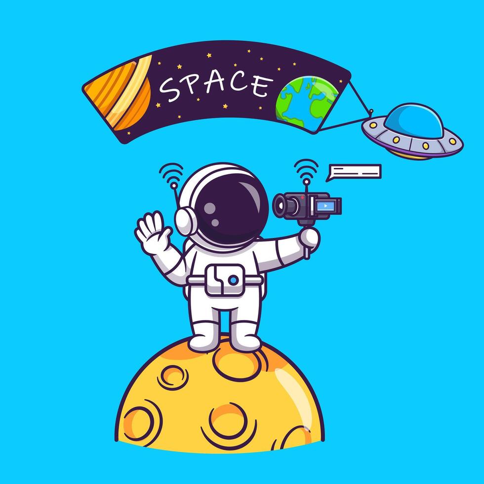 mignonne astronaute vlogging sur espace dessin animé vecteur icône illustration. science La technologie icône concept isolé prime vecteur. plat dessin animé style