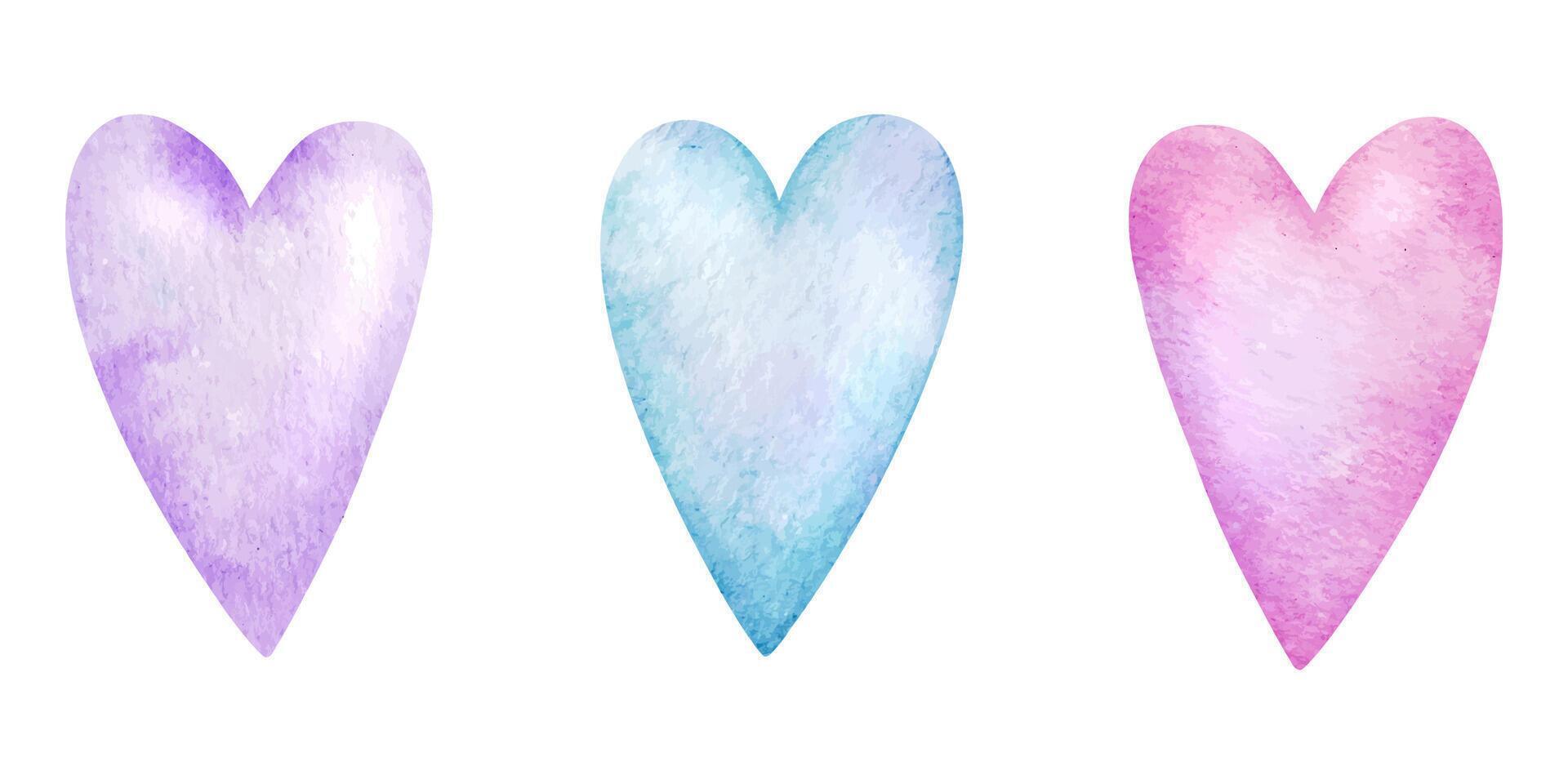 ensemble de rose, violet et bleu cœurs. isolé aquarelle illustration pour logo, des gamins marchandises, cartes, vêtements, textile, cartes postales, affiche vecteur