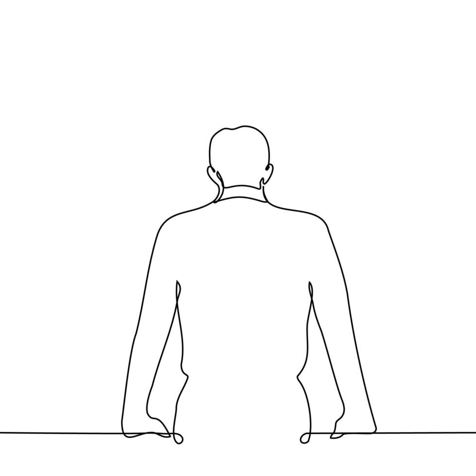 Hommes séance avec le sien retour à le téléspectateur en portant le sien mains sur une soutien - un ligne dessin vecteur. le concept solitaire séance vecteur