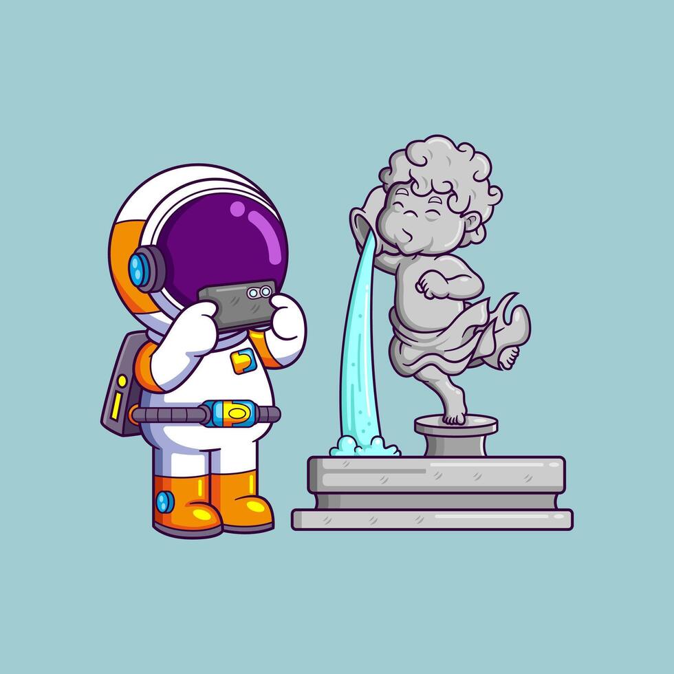 mignonne astronaute prend une image de une bronze sculpture dessin animé personnage vecteur