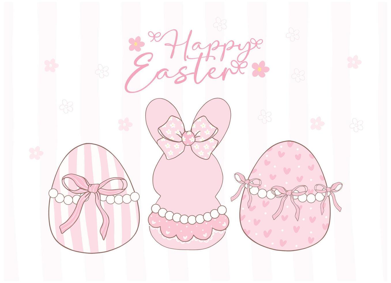 mignonne rose coquette Pâques lapin et des œufs dessin animé bannière, sucré rétro content Pâques printemps animal main dessin. vecteur