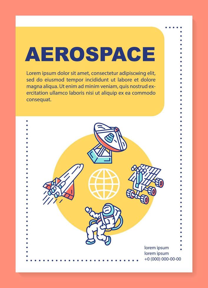 mise en page du modèle d'affiche de l'industrie aérospatiale. cosmos, exploration de l'espace. bannière, brochure, conception d'impression de dépliant avec des icônes linéaires. mises en page de brochures vectorielles pour magazines, dépliants publicitaires vecteur