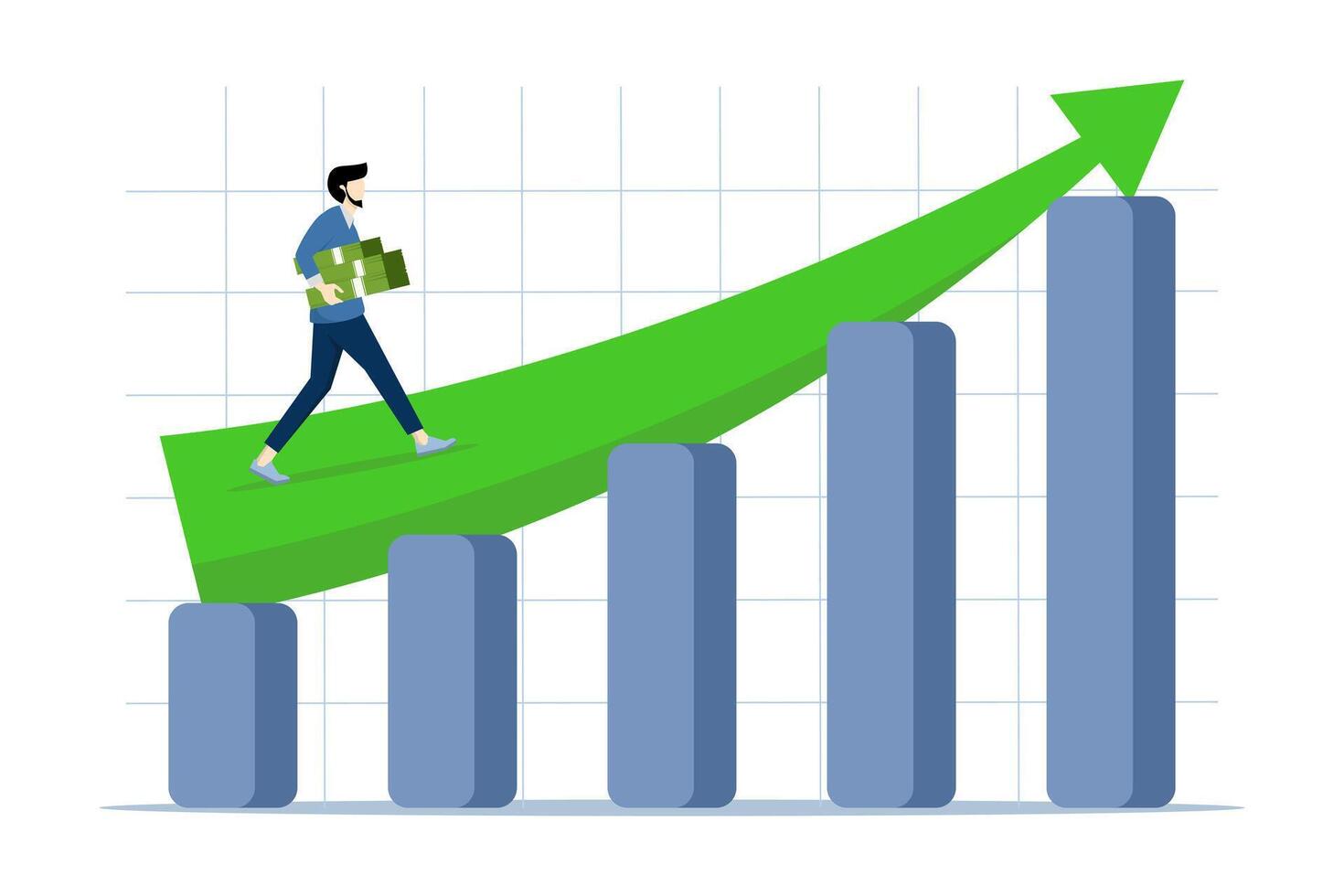 homme d'affaire porter empiler de argent en marchant sur croissance graphique diagramme, en augmentant revenu, le revenu ou revenir sur investissement, concept de croissance graphique ou des économies et revenir sur investissement, en augmentant revenu. vecteur