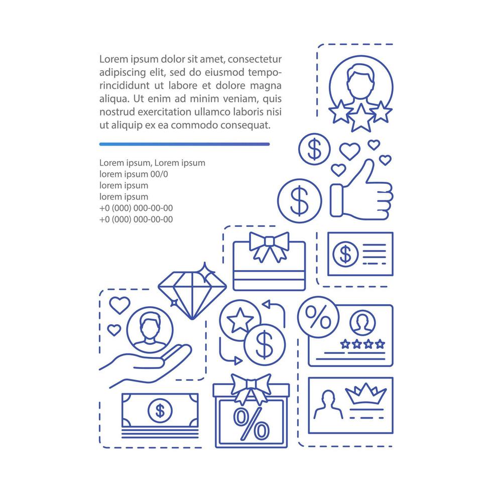 modèle vectoriel de page d'article de programme de marketing de référence. programme de fidélité. fidélisation de la clientèle. brochure, magazine, élément de conception de livret avec icônes linéaires et texte. design d'impression. illustrations de concept