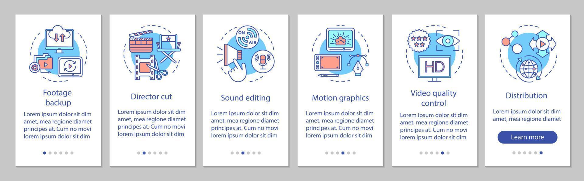 modèle vectoriel d'écran de page d'application mobile d'intégration de production vidéo. processus de fabrication de films. industrie cinématographique. Procédure pas à pas du site Web avec des illustrations linéaires. concept d'interface de smartphone ux, ui, gui