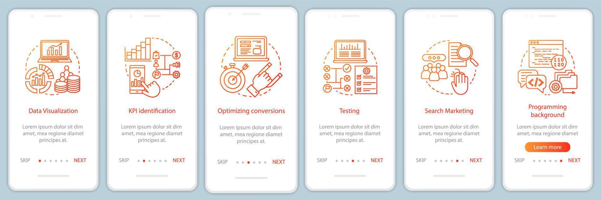 cours de mesures commerciales intégrant le modèle vectoriel d'écran de page d'application mobile. statistiques de marketing et de publicité. Procédure pas à pas du site Web. outil de développement commercial. ux, ui, interface graphique pour smartphone