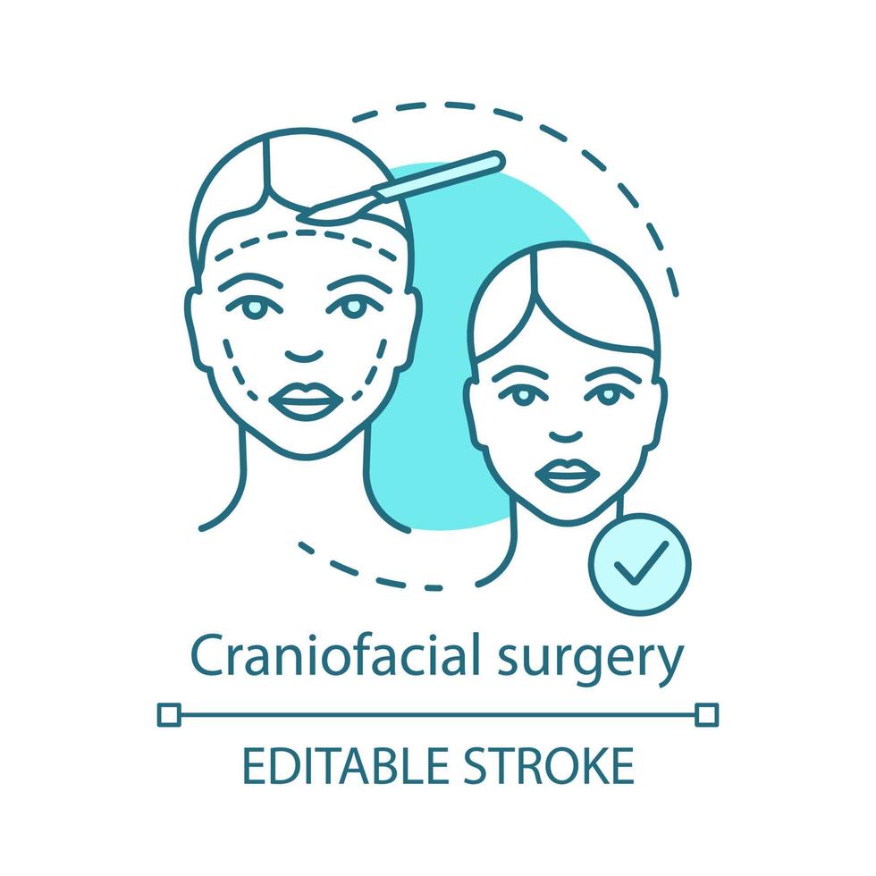 icône de concept de chirurgie craniofaciale. illustration de la ligne mince de l'idée de surspécialité chirurgicale. déformations de la tête, du visage et du cou. chirurgie plastique et reconstructive. dessin de contour isolé de vecteur. trait modifiable vecteur