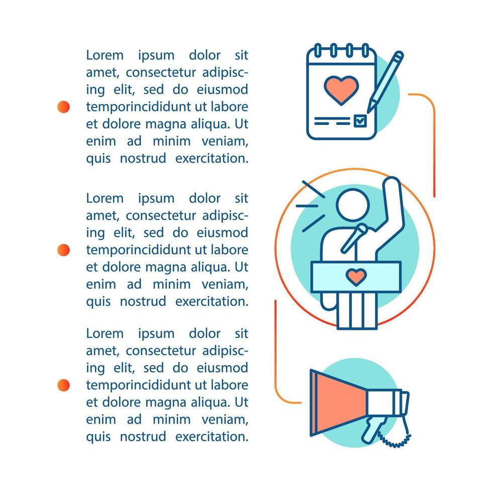 modèle de vecteur de page d'article de bénévolat. programme de bénévolat. brochure, magazine, élément de conception de livret avec icônes linéaires et zones de texte. design d'impression. illustrations de concept avec espace de texte