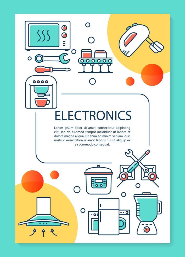 mise en page du modèle d'affiche de l'industrie électronique. appareil, technologie de production. bannière, brochure, conception d'impression de dépliant avec des icônes linéaires. mises en page de brochures vectorielles pour magazines, dépliants publicitaires vecteur