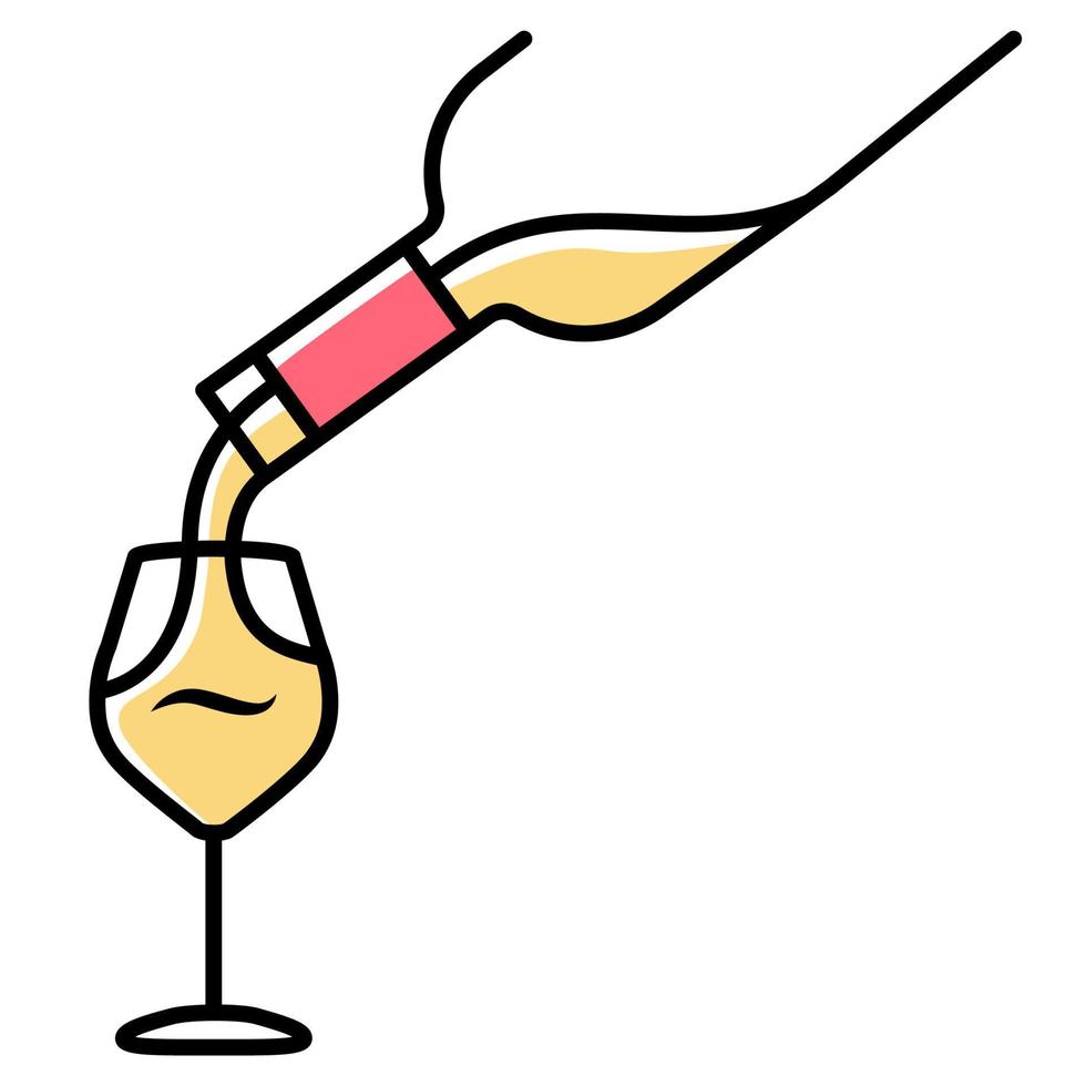 icône de couleur jaune de service de vin blanc. boisson alcoolisée versant dans le verre. bouteille de boisson apéritif. barman, sommelier, cave. bar, resto. fête, célébration. illustration vectorielle isolée vecteur