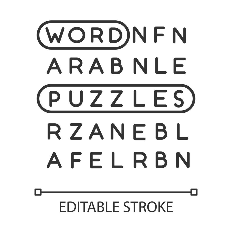 icône linéaire de mot puzzle. exercice mental. jeu de recherche de mots cachés. langue, test de vocabulaire. casse-tête. illustration de la ligne mince. symbole de contour. dessin de contour isolé de vecteur. trait modifiable vecteur