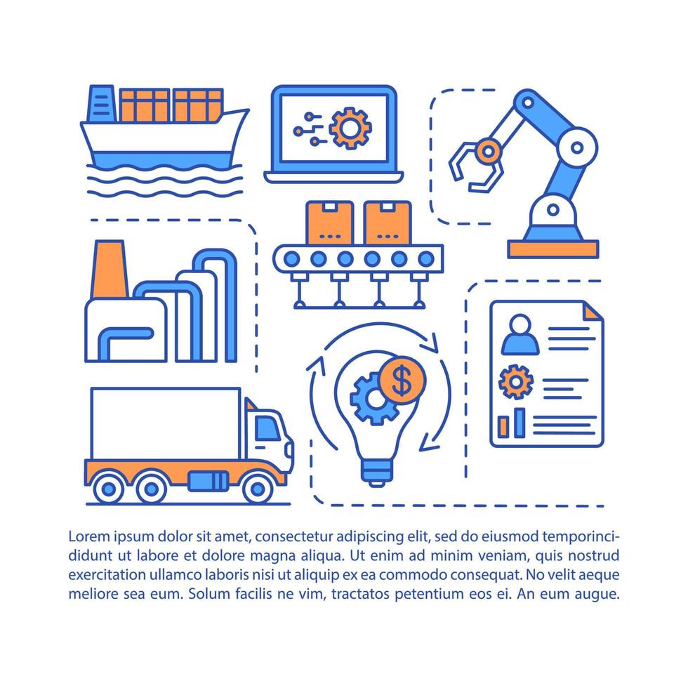 modèle vectoriel de page d'article de l'industrie. entreprise de fabrication. brochure, magazine, élément de conception de livret avec icônes linéaires et zones de texte. design d'impression. illustrations de concept avec espace de texte