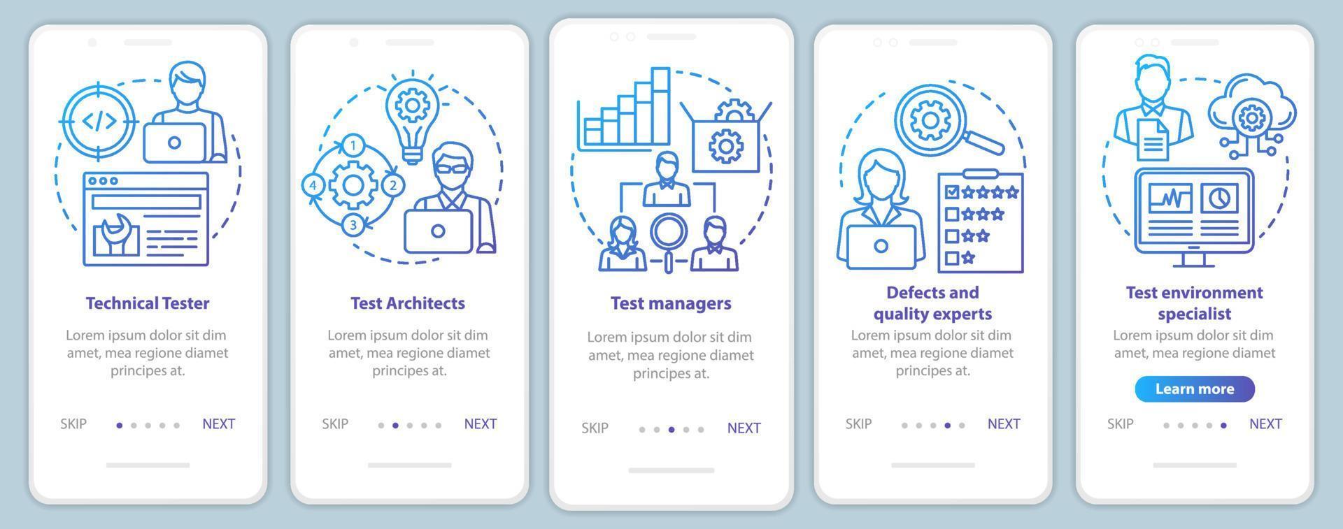 rôles de test de logiciel à bord du modèle vectoriel d'écran de page d'application mobile. experts en contrôle de qualité. Procédure pas à pas du site Web avec des illustrations linéaires. concept d'interface de smartphone ux, ui, gui