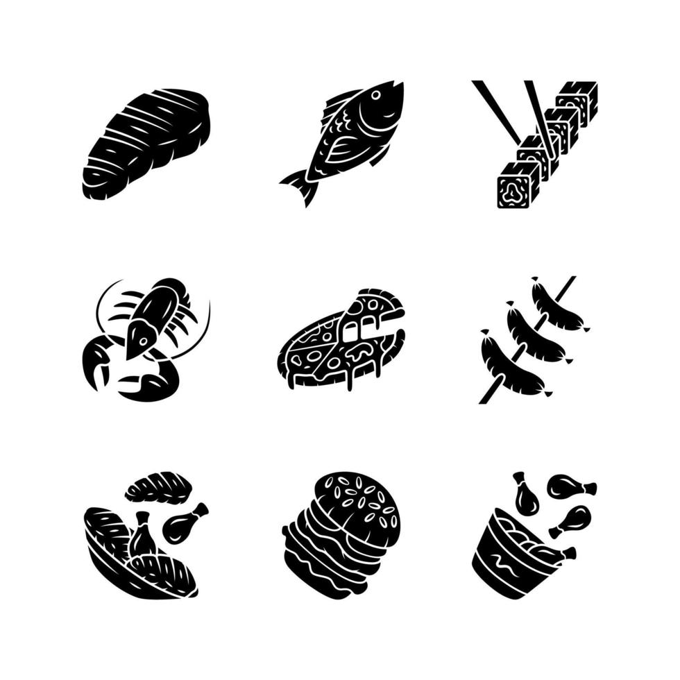 Jeu d'icônes de glyphe de menu de restaurant. restauration rapide, cuisine italienne et méditerranéenne. pizza, homard, steak, hamburger, sushi, saucisses, cuisses de poulet. symboles de silhouette. illustration vectorielle isolée vecteur