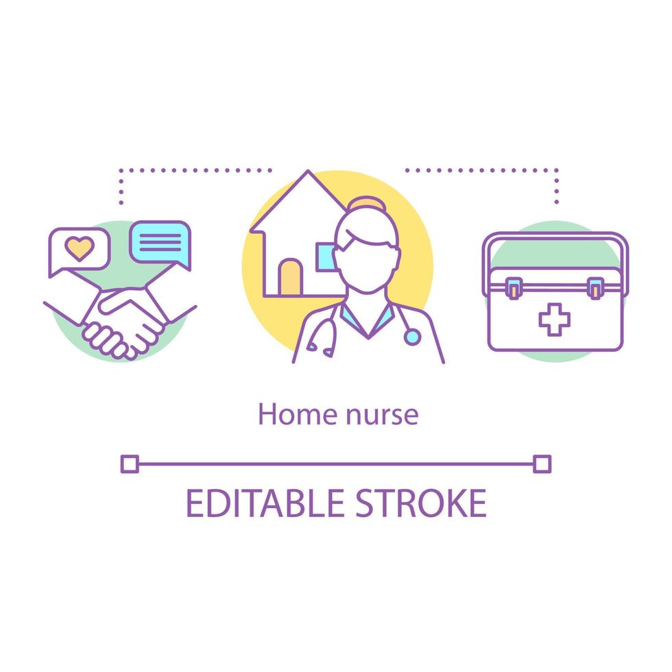 icône de concept d'infirmière à domicile. dans l'illustration de la ligne mince de l'idée de soins à domicile. aide à la vie. maison de soins palliatifs. soins de santé. traitement médical de la maladie. dessin de contour isolé de vecteur. trait modifiable vecteur