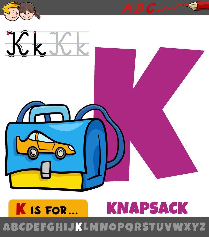 lettre k de alphabet avec dessin animé sac à dos objet vecteur