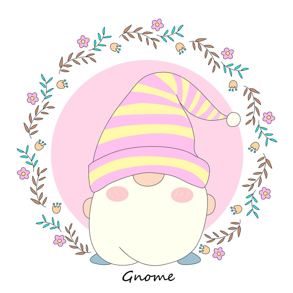 gnome dans une chapeau avec fleurs et le mots gnome vecteur