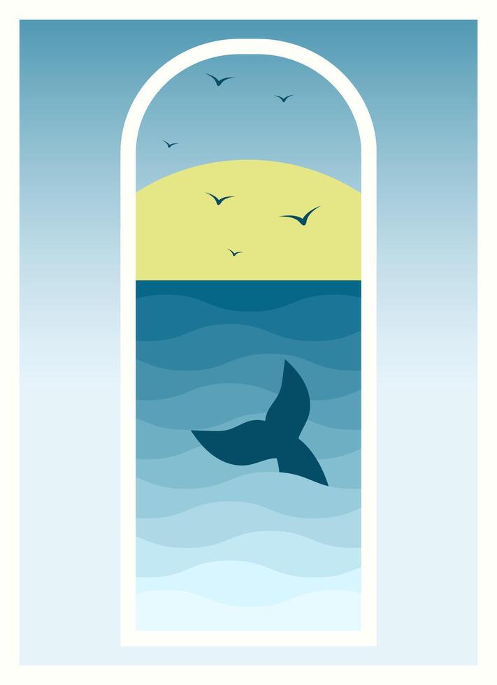 mer vue sur le lever du soleil et baleine affiche. Matin et mouette puéril illustration. mignonne poisson conte. vecteur