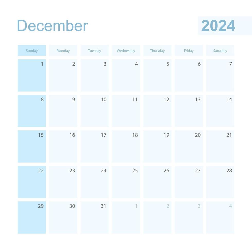 2024 décembre mur planificateur dans bleu couleur, la semaine départs sur dimanche. vecteur