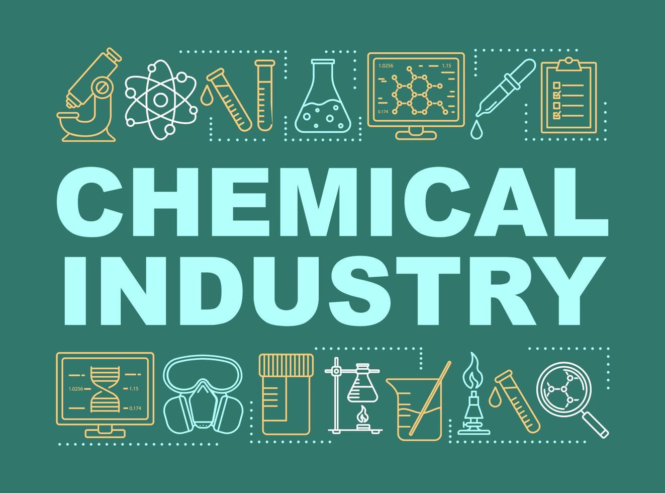 bannière de concepts de mot de l'industrie chimique. production de produits chimiques industriels. recherche en laboratoire. présentation, site web. idée de typographie de lettrage isolé avec des icônes linéaires. illustration de contour de vecteur